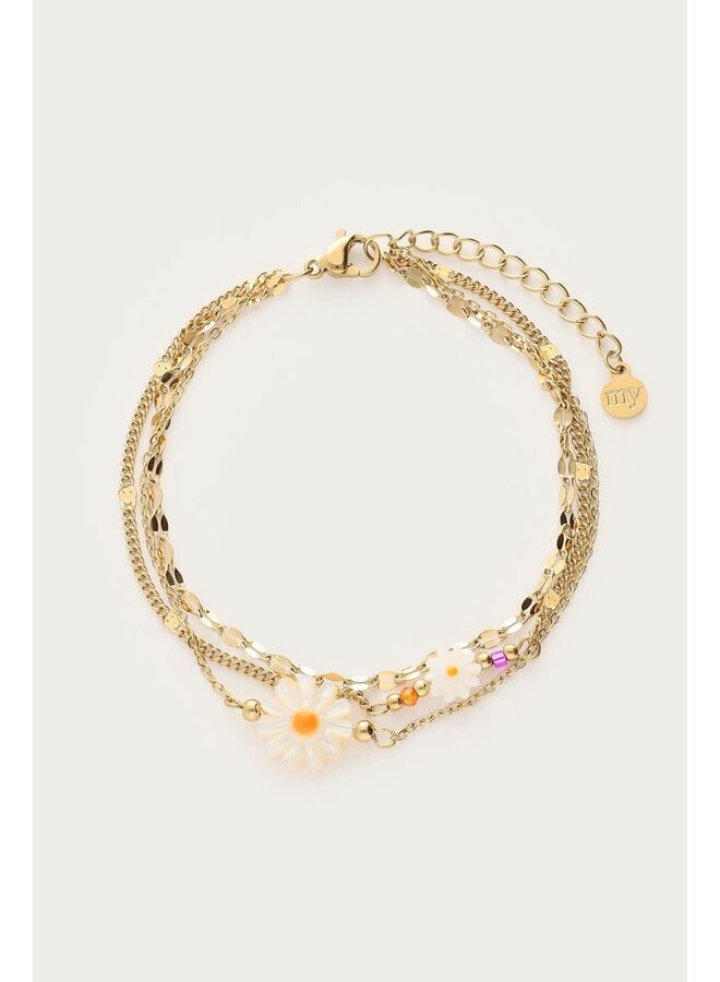 Botanical Driedubbele Armband met Witte Bloemen Goud