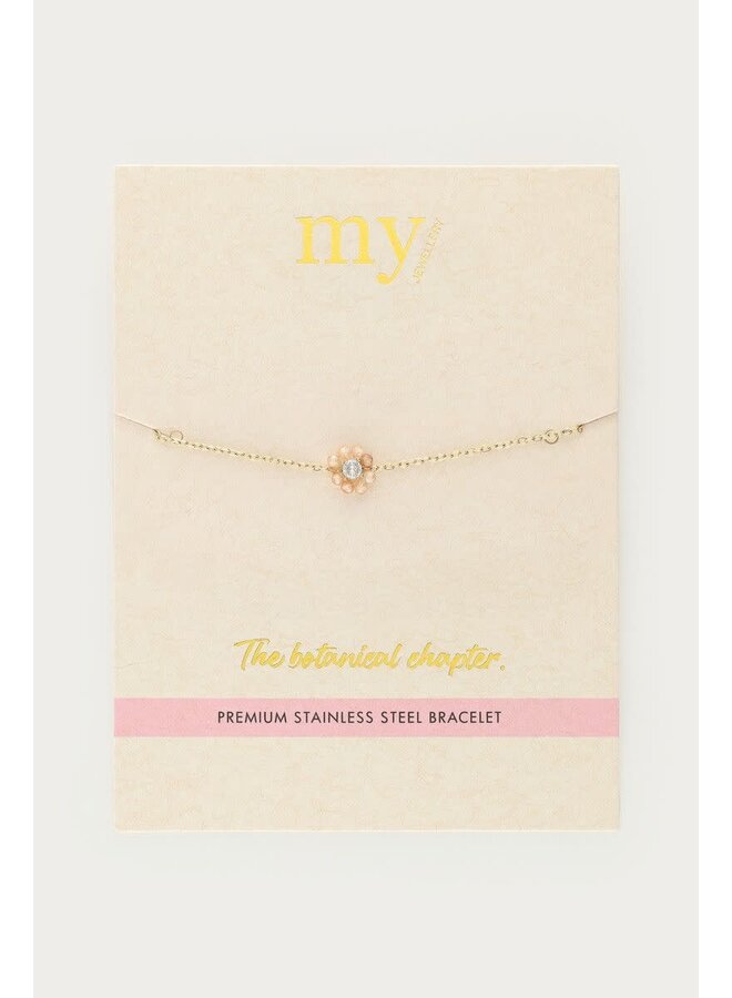 Botanical Armband met Kleine Beige Strass Bloem Goud