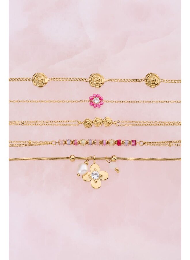Botanical Armband met Kleine Roze Strass Bloem Goud