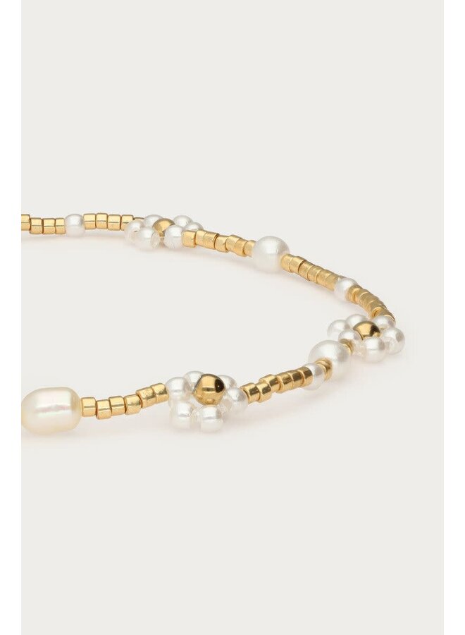 Botanical Elastieken Armband met Zoetwaterparel Bloemen Goud
