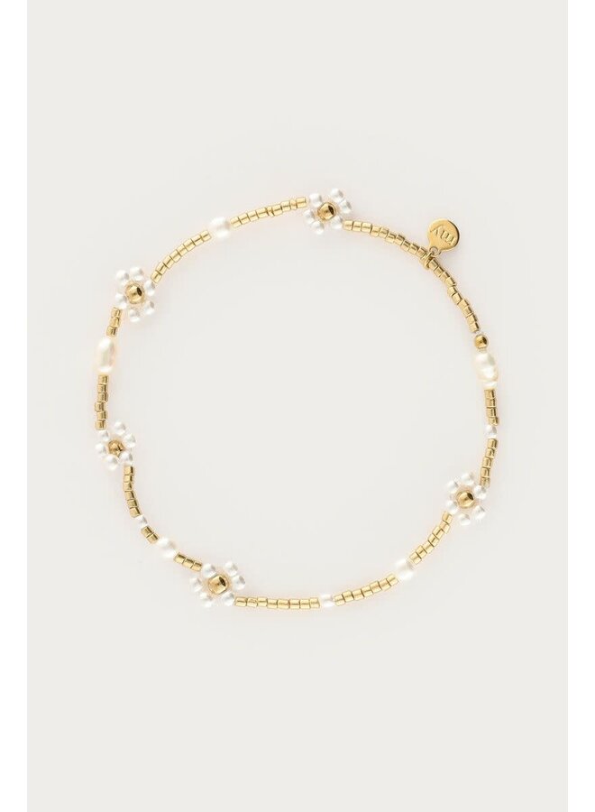 Botanical Elastieken Armband met Zoetwaterparel Bloemen Goud