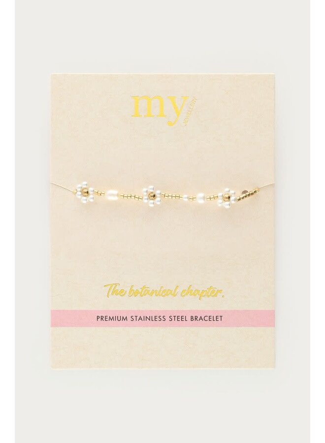 Botanical Elastieken Armband met Zoetwaterparel Bloemen Goud