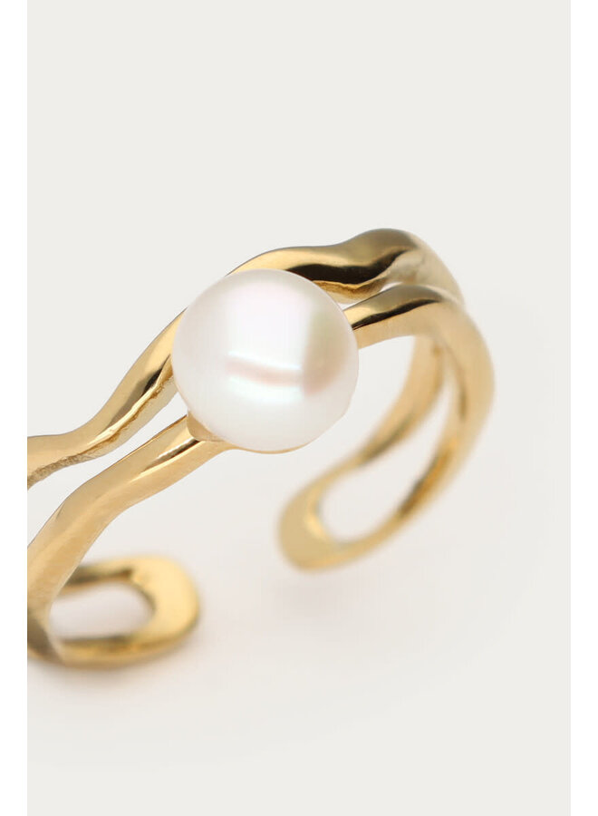 Bold Ring met Wave en Zoetwaterparel Goud