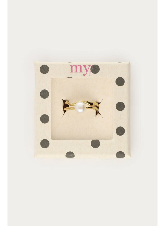 Bold Ring met Wave en Zoetwaterparel Goud