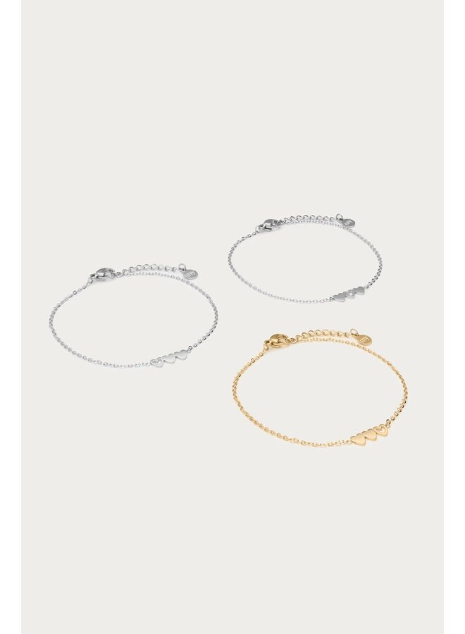 Armbanden Set Hartjes Twee Zilver-en Eén Goudkleurig