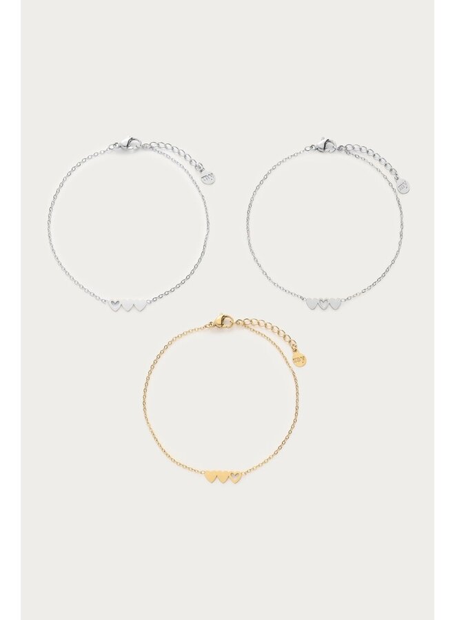 Armbanden Set Hartjes Twee Zilver-en Eén Goudkleurig