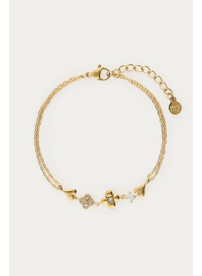 Dubbele Armband met Vijf Bedels en Strass Goud