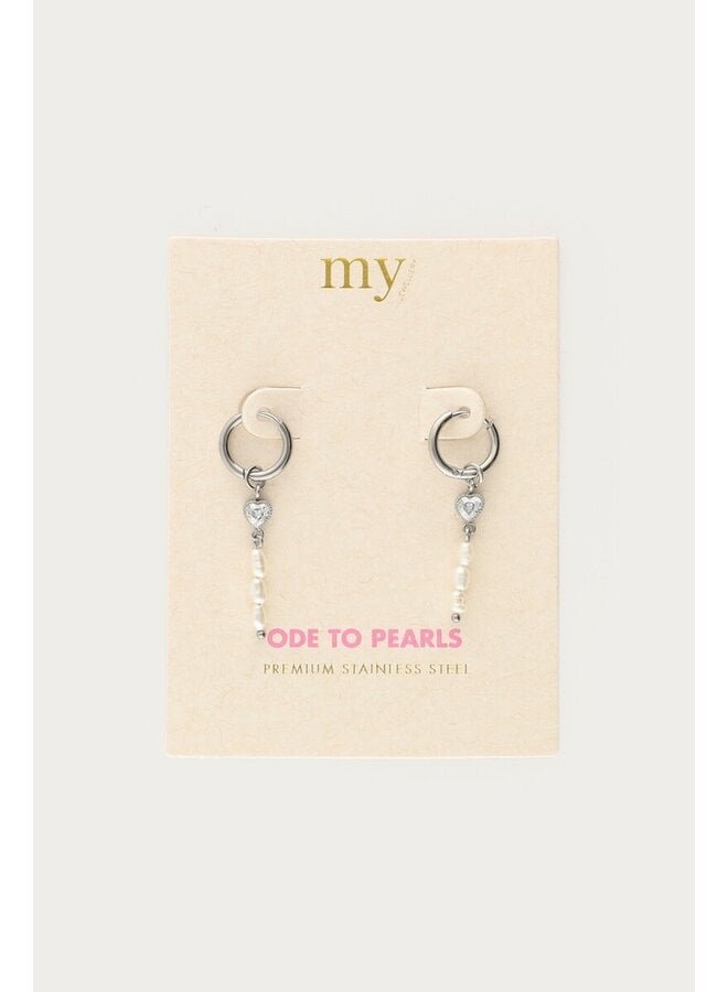 Oorringen met Strass Hartje en Zoetwaterparels Zilver