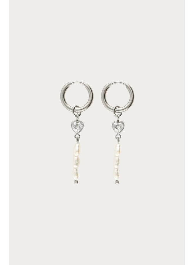 Oorringen met Strass Hartje en Zoetwaterparels Zilver