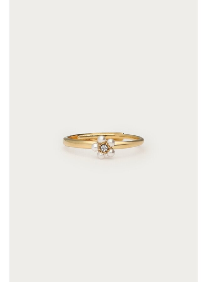 Ring met Zoetwaterparel Bloem en Mini Strass Steen Goud