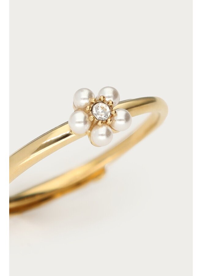 Ring met Zoetwaterparel Bloem en Mini Strass Steen Goud