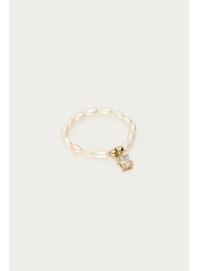 Stretch Ring met Zoetwaterparels en Strass Steen Goud