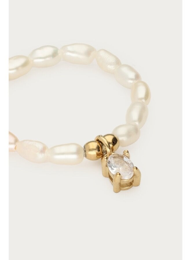Stretch Ring met Zoetwaterparels en Strass Steen Goud