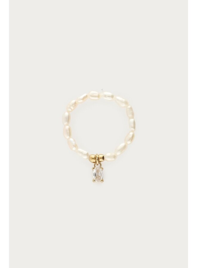 Stretch Ring met Zoetwaterparels en Strass Steen Goud