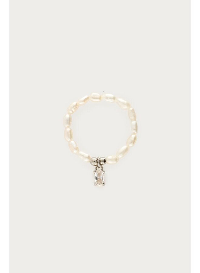 Stretch Ring met Zoetwaterparels en Strass Steen Zilver