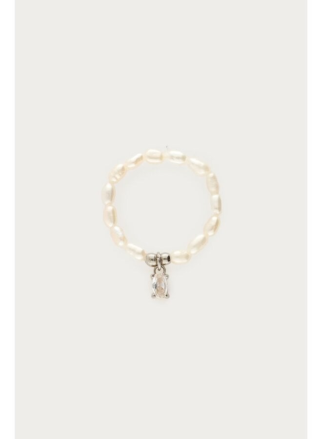 Stretch Ring met Zoetwaterparels en Strass Steen Zilver