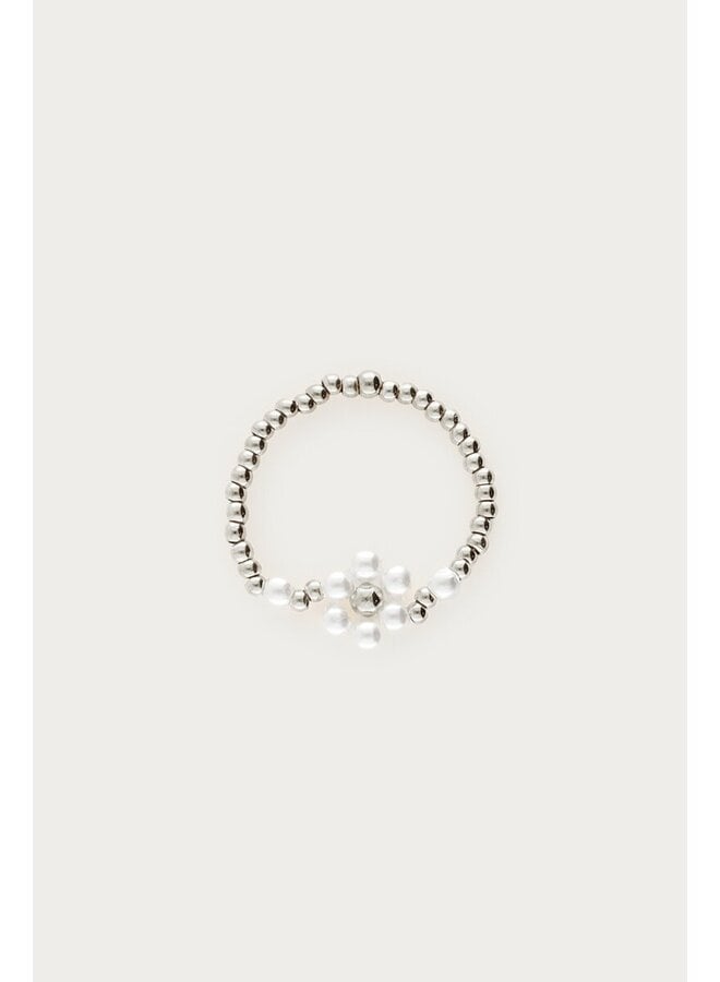 Stretch Ring met Imitatieparel Bloem Zilver