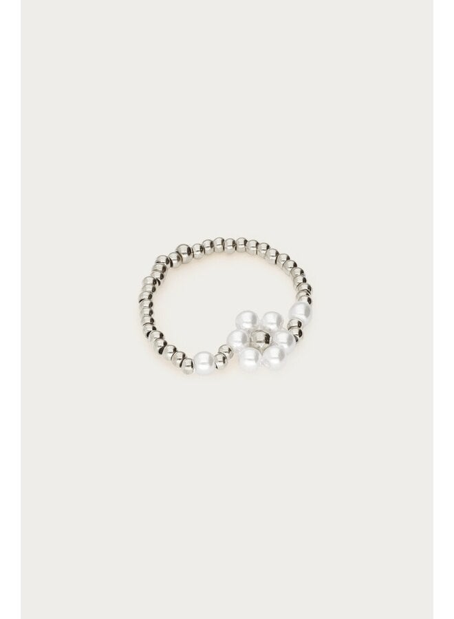 Stretch Ring met Imitatieparel Bloem Zilver