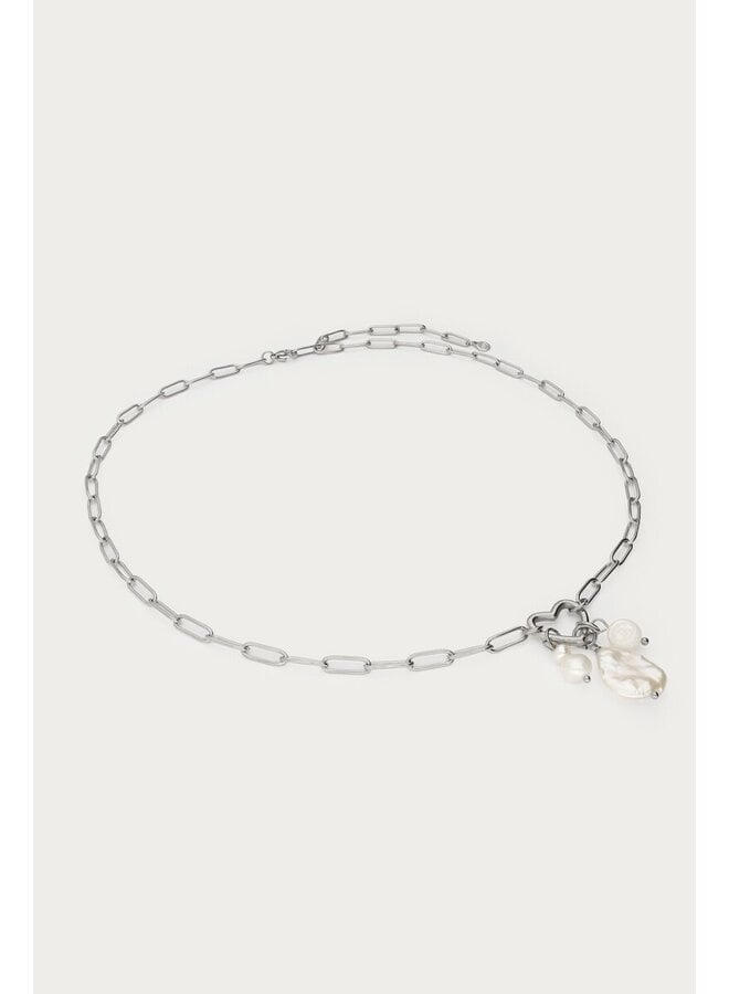 Schakelketting met Hartje en Natuurlijke Parels Zilver