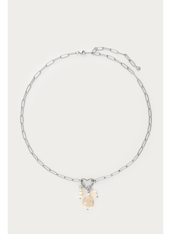 Schakelketting met Hartje en Natuurlijke Parels Zilver