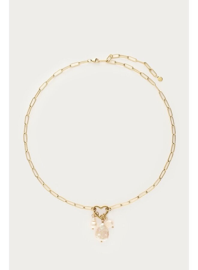 Schakelketting met Hartje en Natuurlijke Parels  Goud