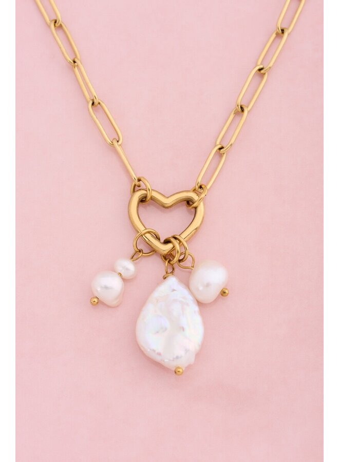 Schakelketting met Hartje en Natuurlijke Parels  Goud