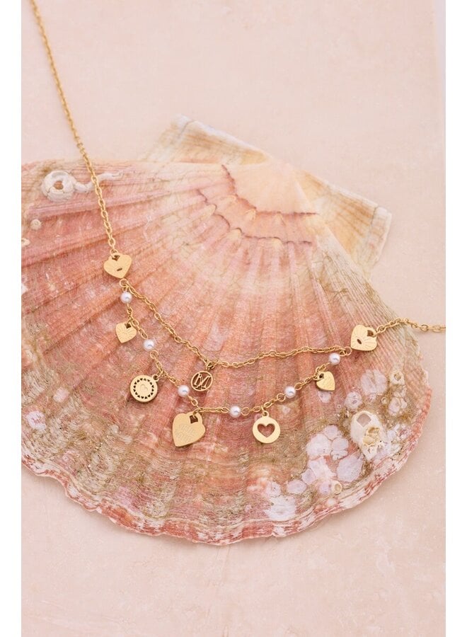 Ketting met Hartjes en Imitatieparels 'Dream Chaser' Goud