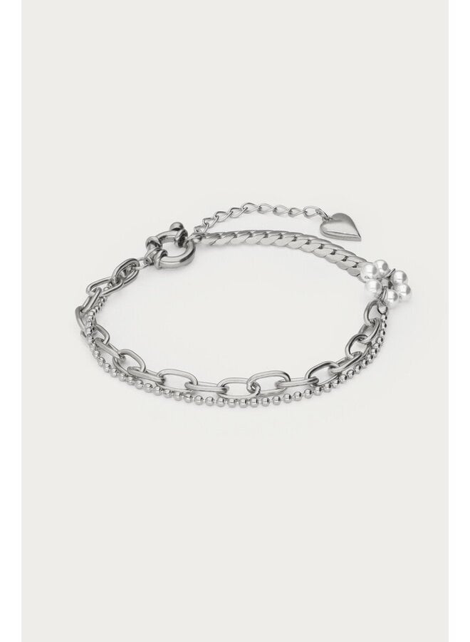 Dubbele Armband met Imitatieparel Bloem Zilver