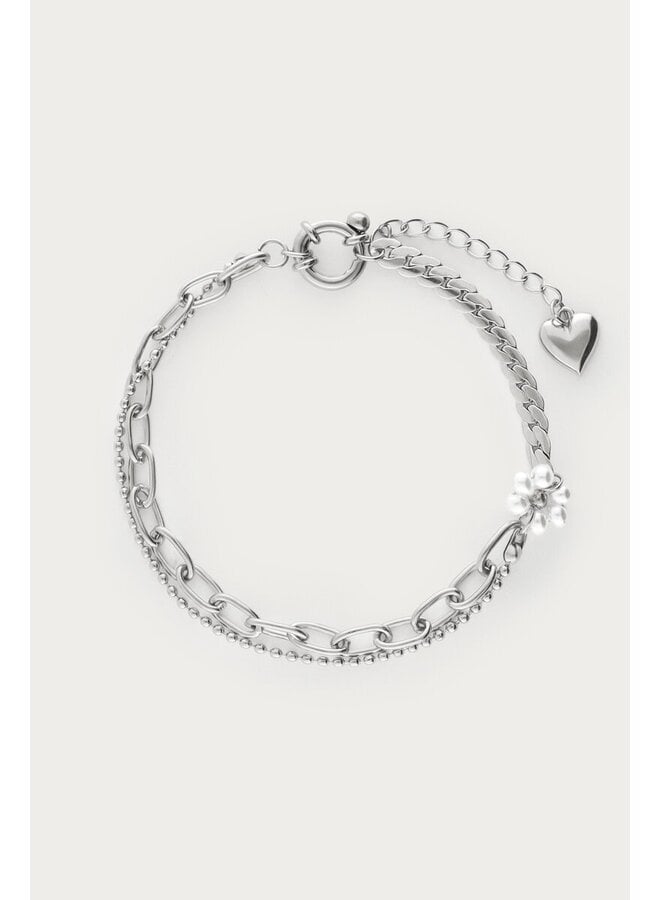 Dubbele Armband met Imitatieparel Bloem Zilver