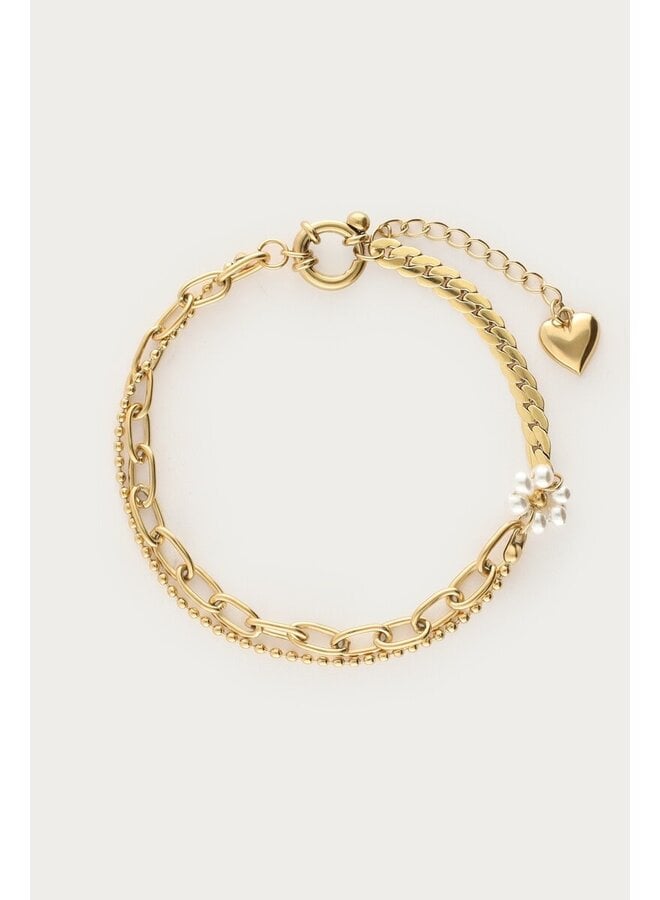 Dubbele Armband met Imitatieparel Bloem Goud