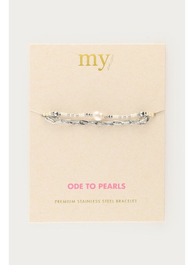 Driedubbele Armband met Kralen en Zoetwaterparel Zilver