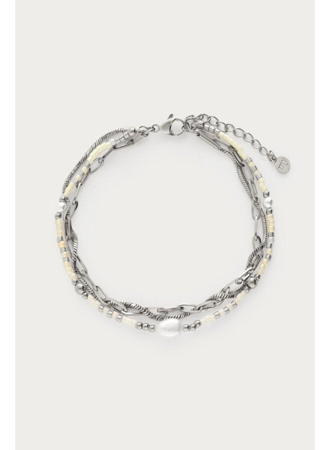 Driedubbele Armband met Kralen en Zoetwaterparel Zilver
