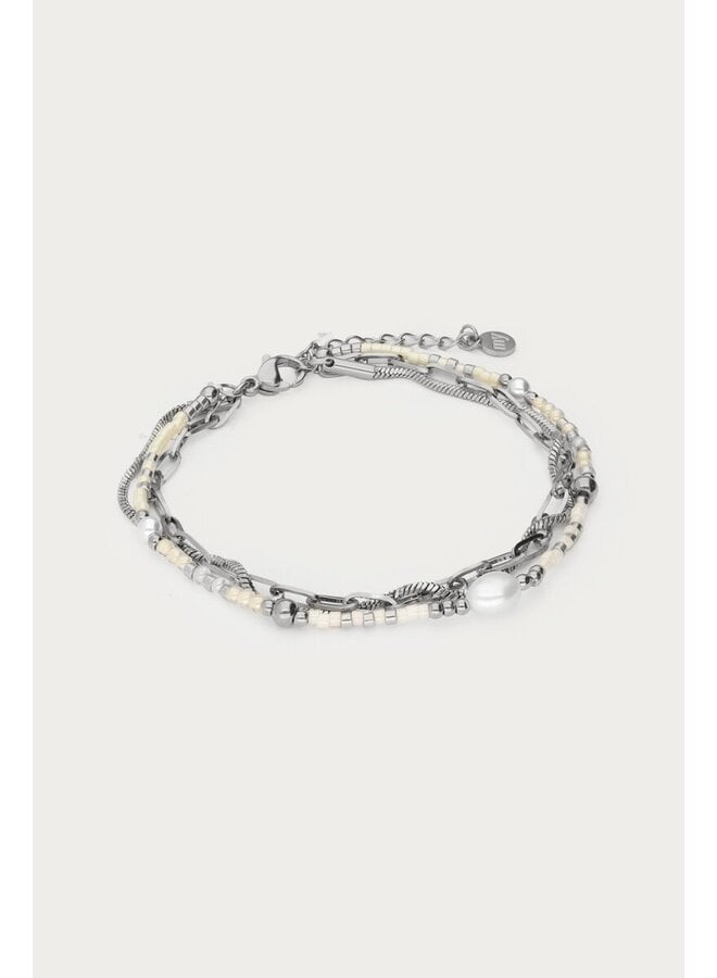 Driedubbele Armband met Kralen en Zoetwaterparel Zilver