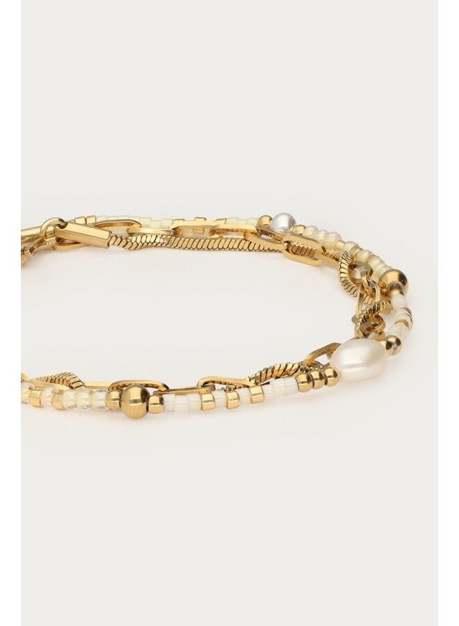 Driedubbele Armband met Kralen en Zoetwaterparel Goud