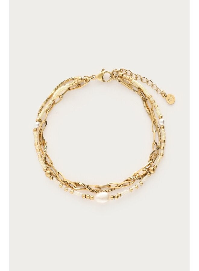 Driedubbele Armband met Kralen en Zoetwaterparel Goud