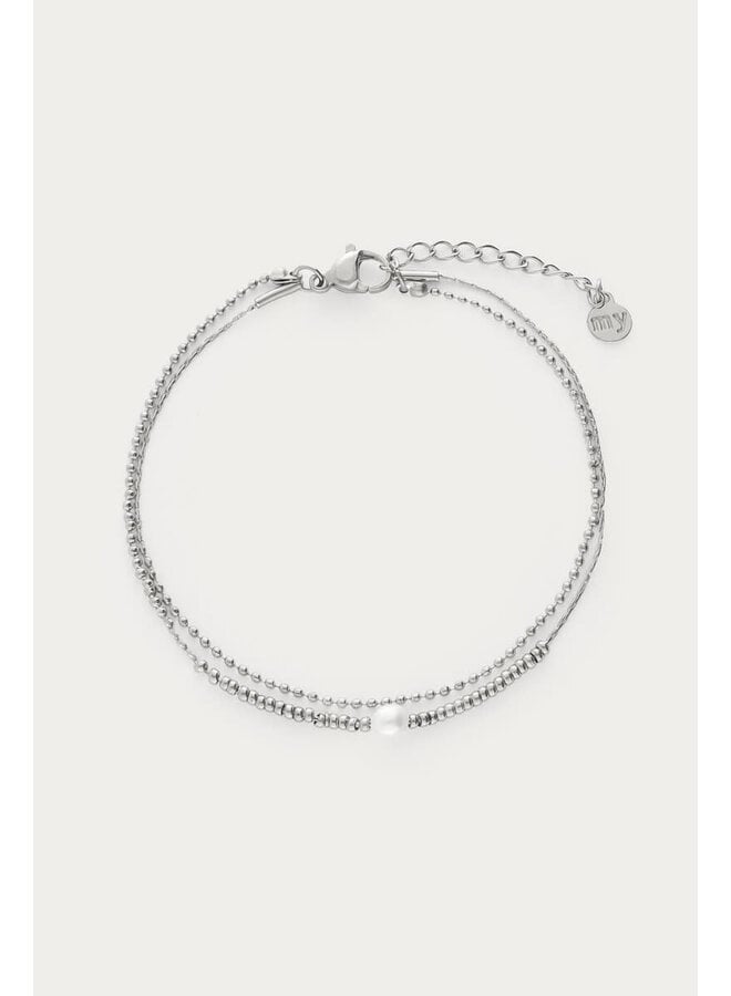 Dubbele Armband met Kralen en Natuurlijke Parel Zilver