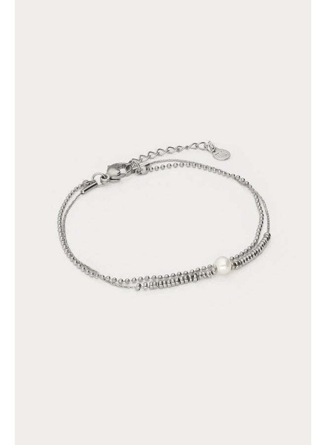 Dubbele Armband met Kralen en Natuurlijke Parel Zilver
