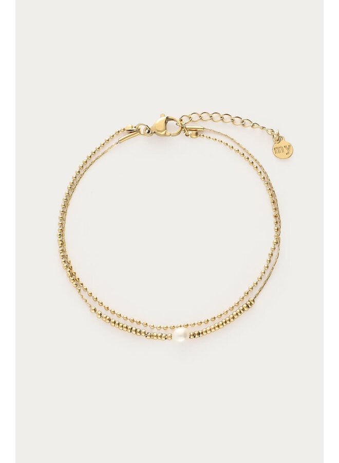 Dubbele Armband met Kralen en Natuurlijke Parel Goud