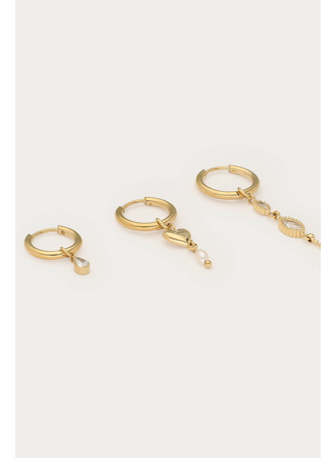 Ear Game Set van Drie Oorringen met Hartje en Strass Goud