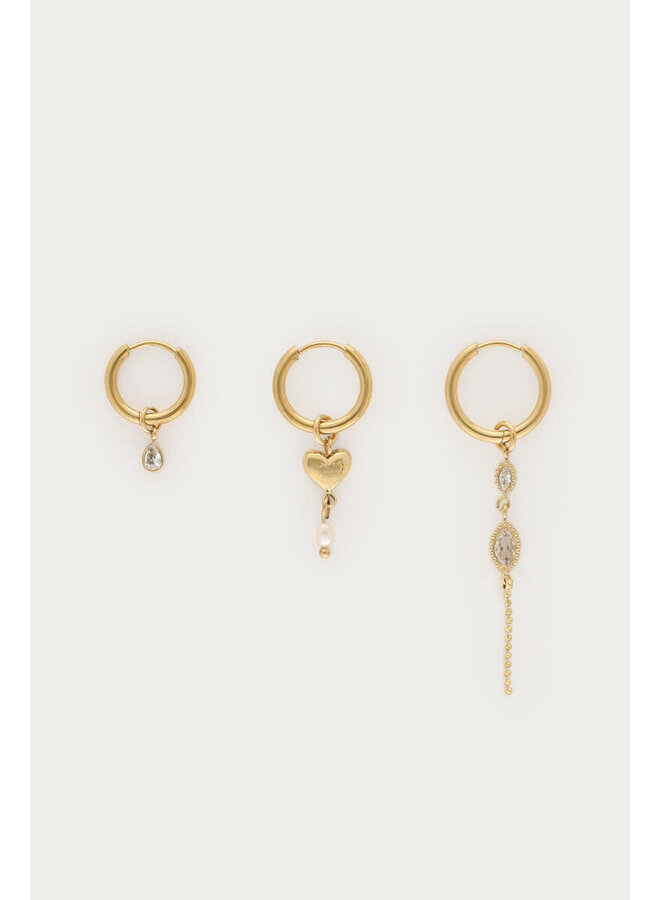 Ear Game Set van Drie Oorringen met Hartje en Strass Goud