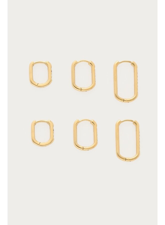 Ear Game Set van Drie Vierkante Oorringen met Strass Goud