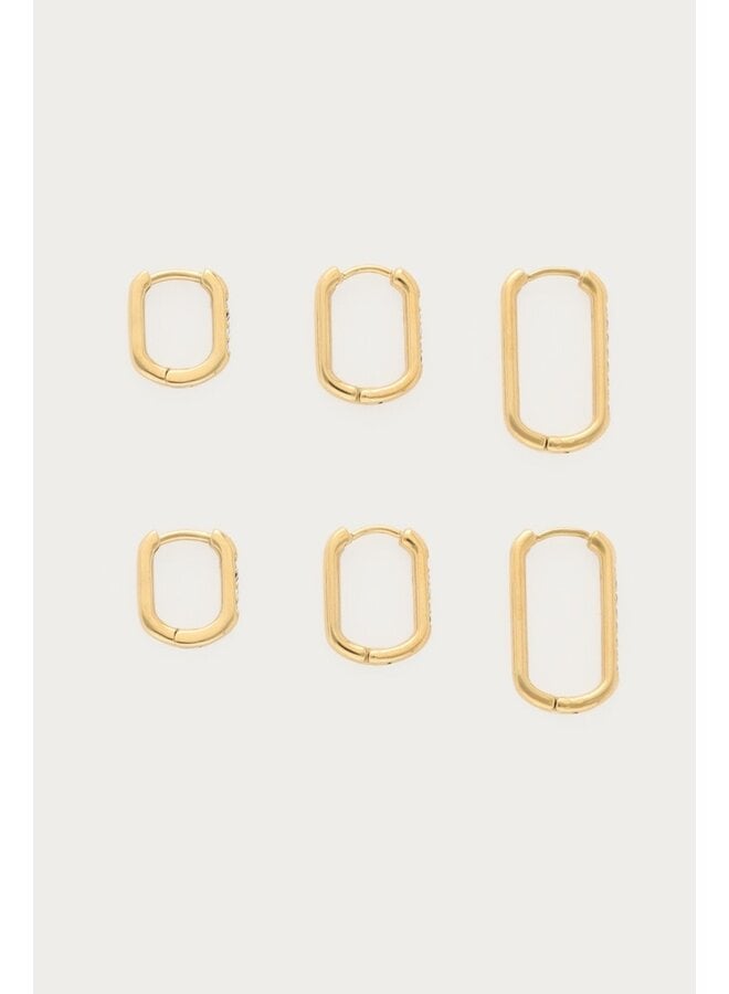 Ear Game Set van Drie Vierkante Oorringen met Strass Goud