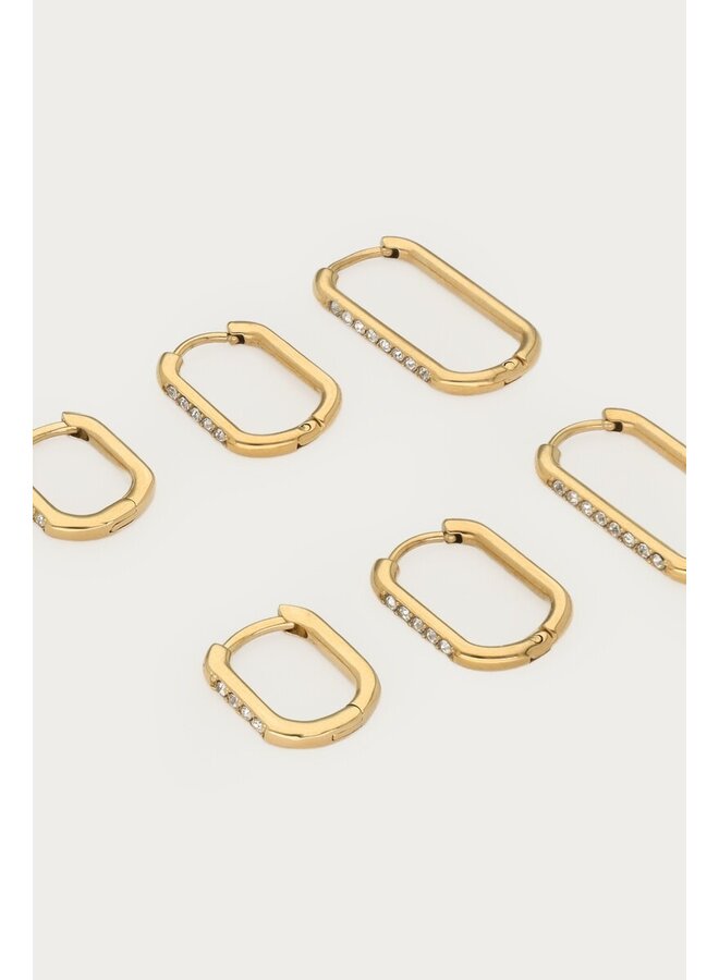 Ear Game Set van Drie Vierkante Oorringen met Strass Goud