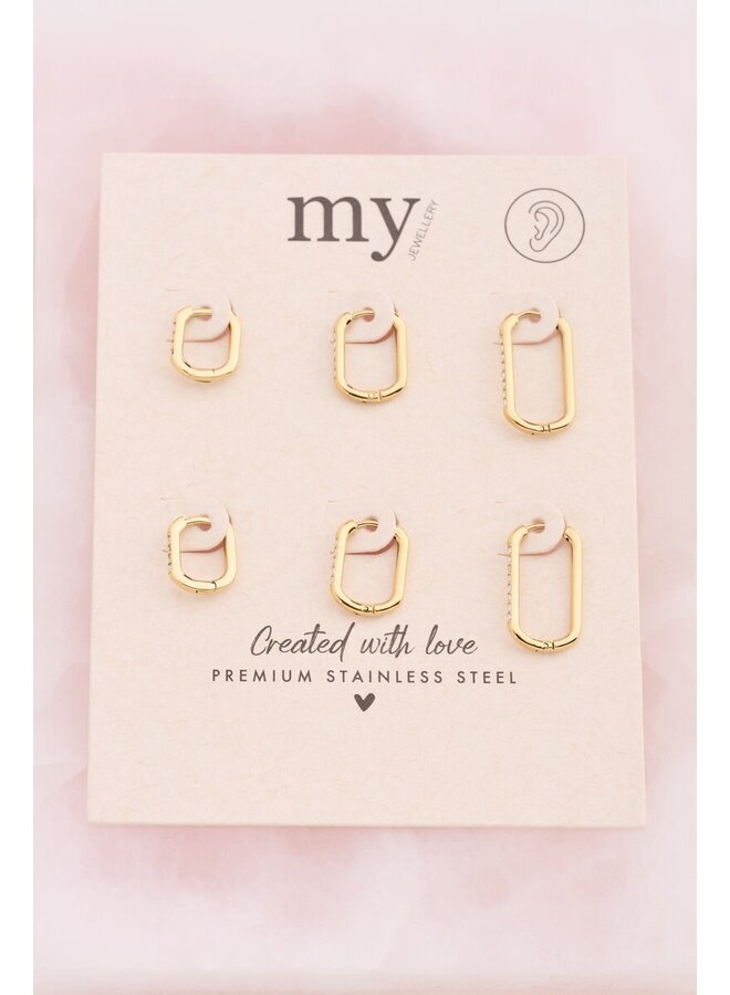 Ear Game Set van Drie Vierkante Oorringen met Strass Goud