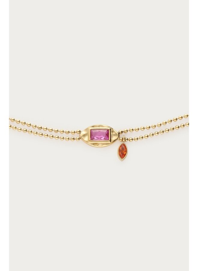 Vintage Dubbele Armband met Roze Strass Steen Goud