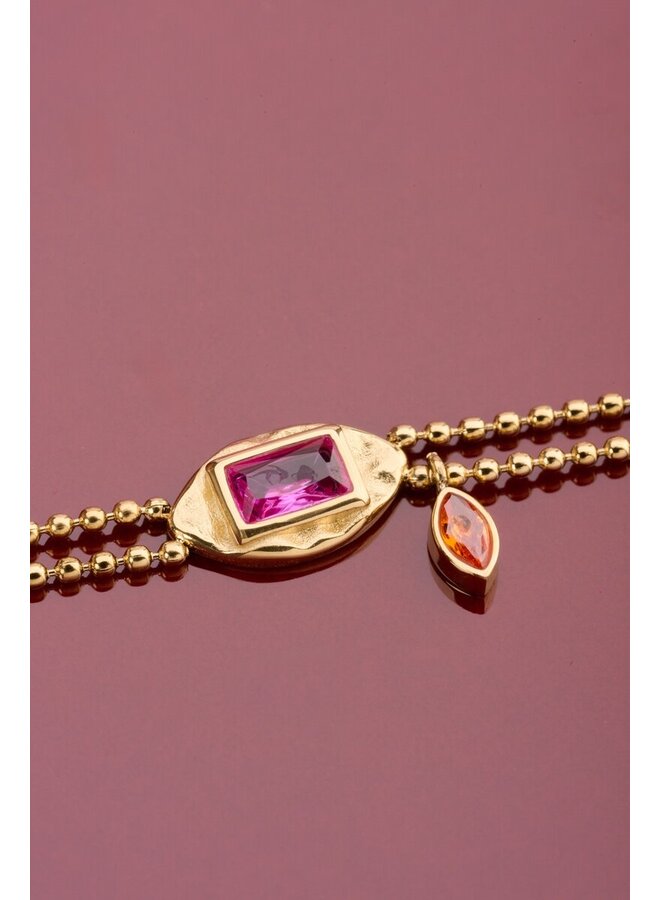 Vintage Dubbele Armband met Roze Strass Steen Goud