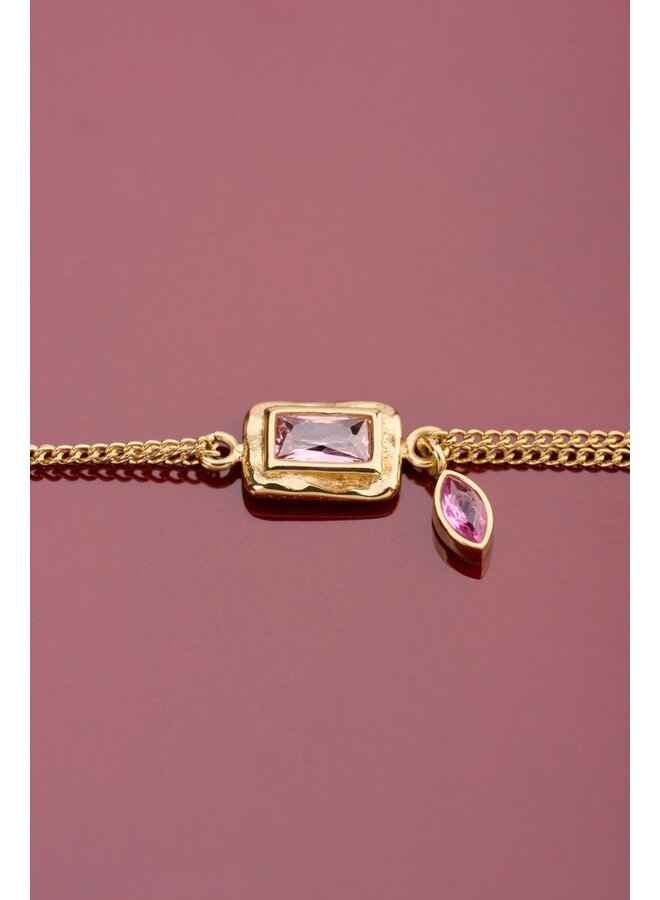 Vintage Dubbele Armband met Licht Roze Strass Steen Goud
