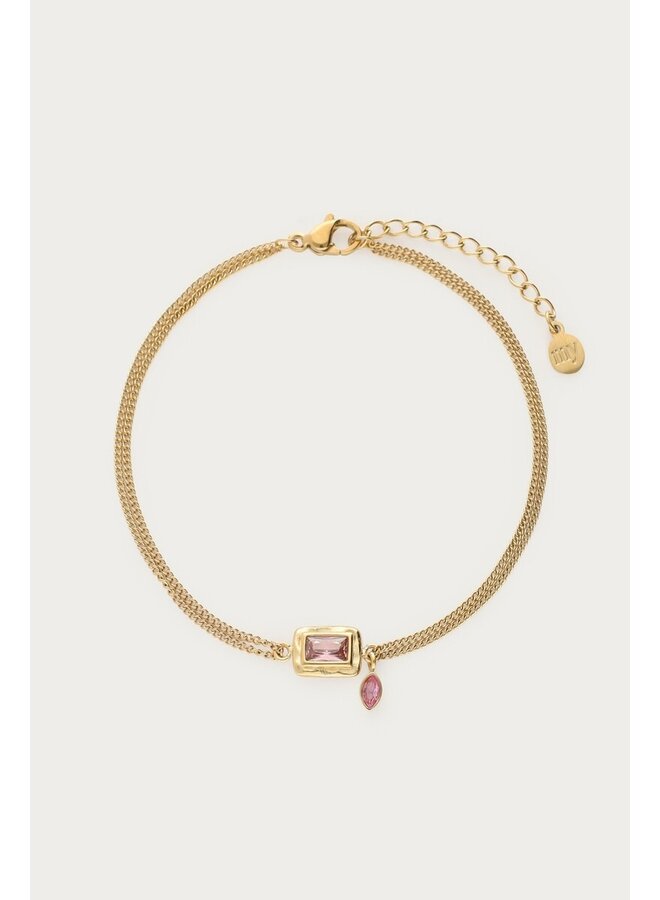 Vintage Dubbele Armband met Licht Roze Strass Steen Goud