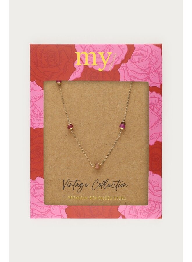 Vintage Ketting met Rood Paarse Kralen Goud