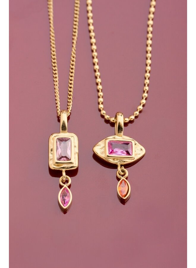 Vintage Ketting met Vierkante Roze Strass Steen Goud